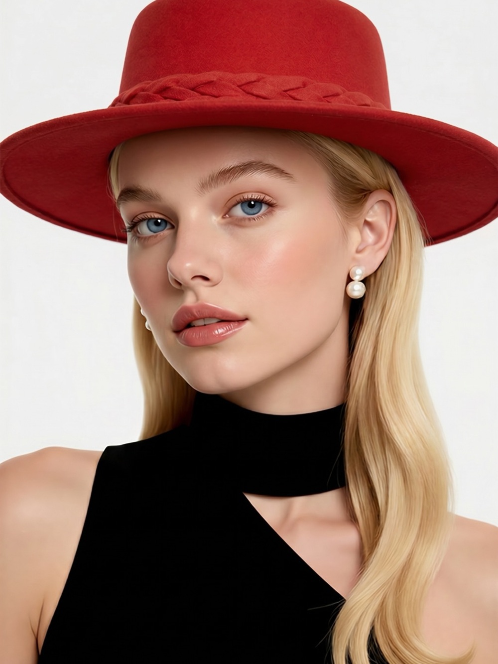 Elegant Red Felt Braided-Band Fedora Hat for Women